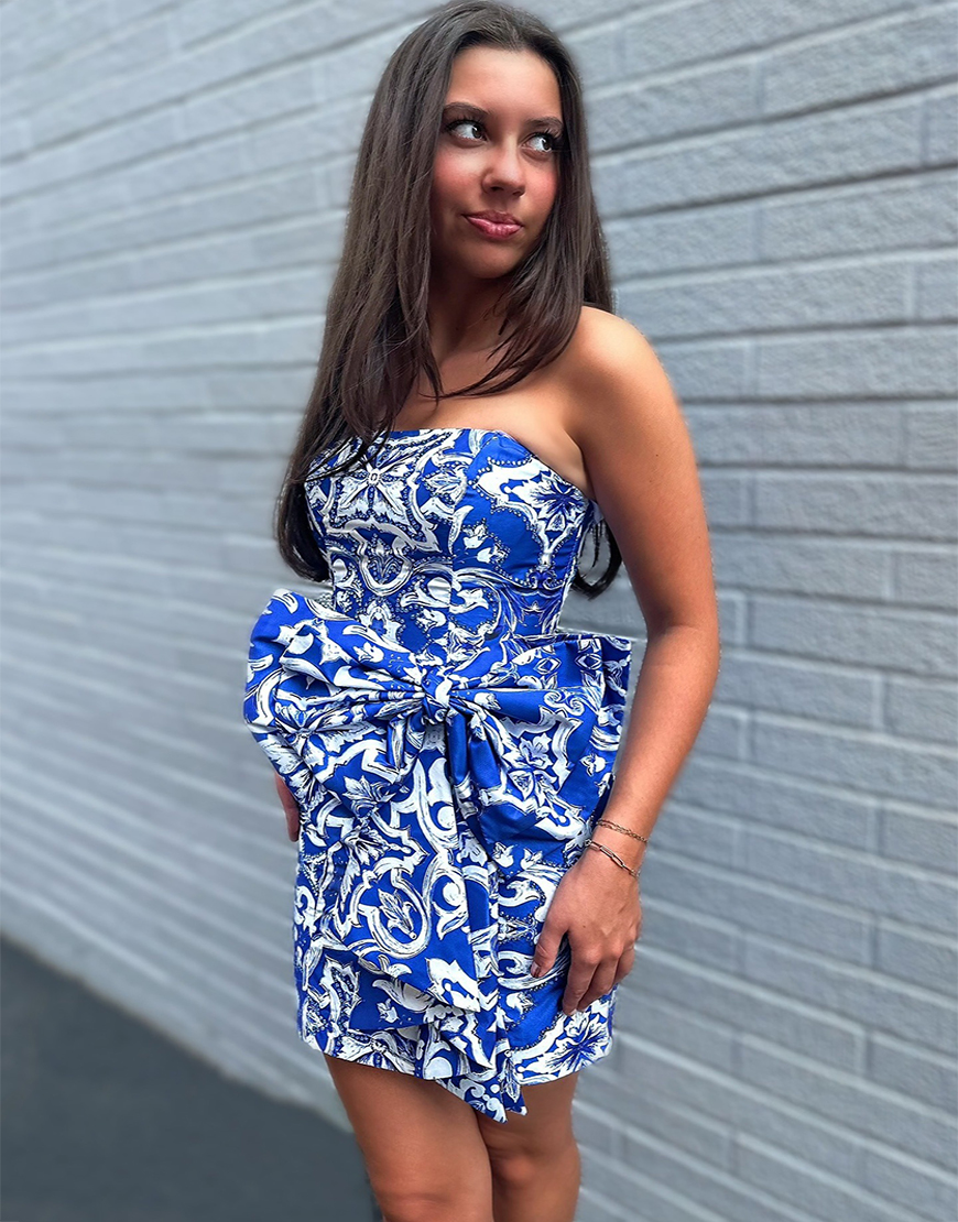 Blue Printed Tight Short Strapless Homecoming Dress with Bow