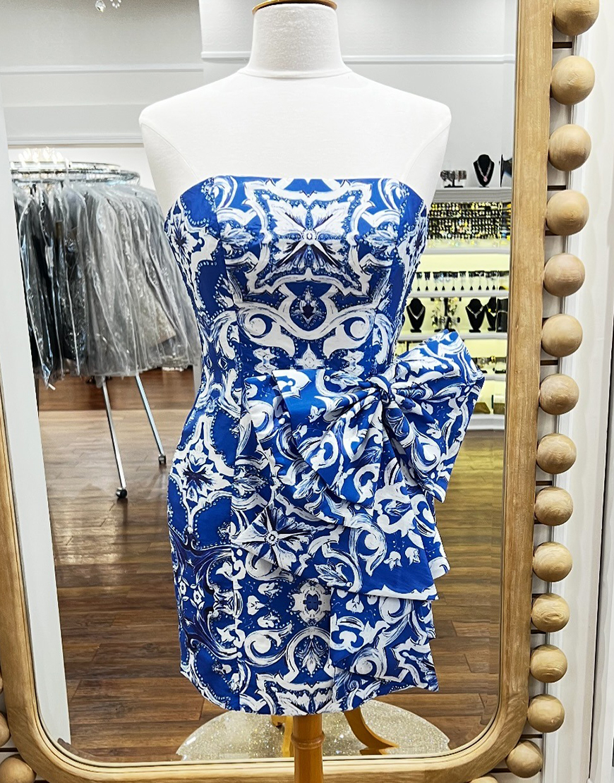 Blue Printed Tight Short Strapless Homecoming Dress with Bow