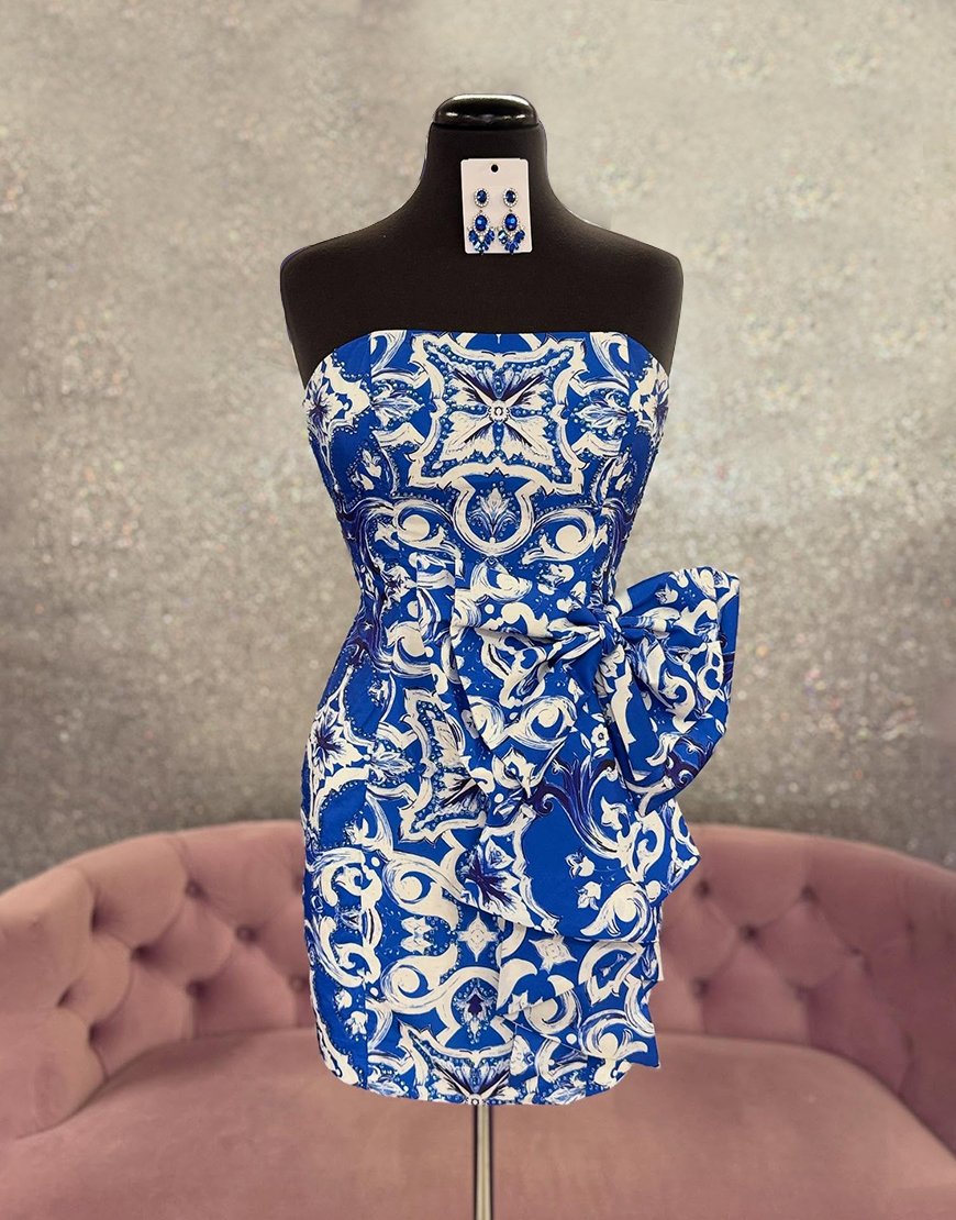 Blue Printed Tight Short Strapless Homecoming Dress with Bow