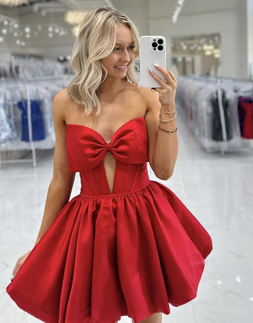 Light Blue Satin Strapless Short Corset Homecoming Dress with Bow