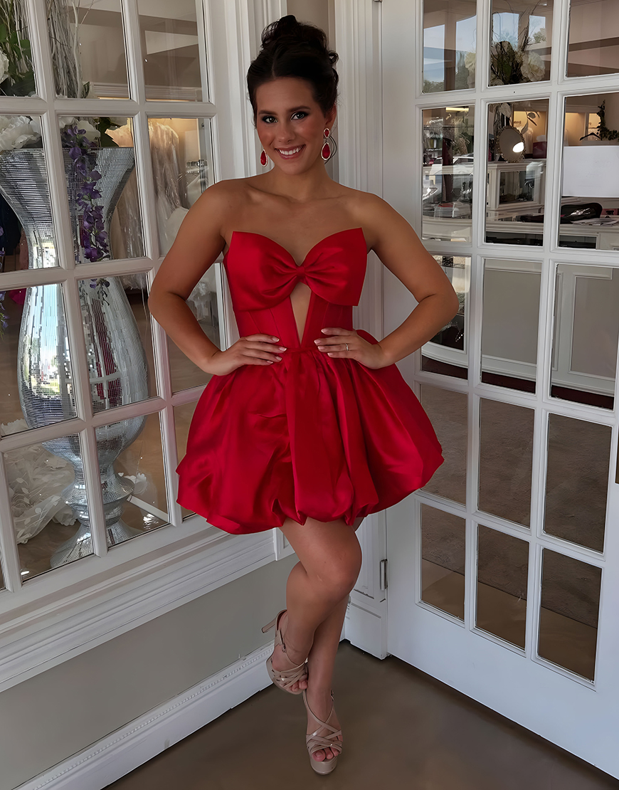 Light Blue Satin Strapless Short Corset Homecoming Dress with Bow