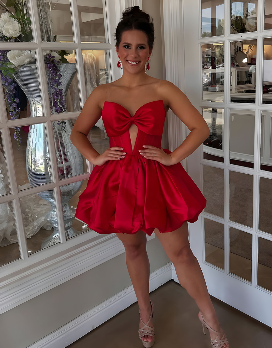 Light Blue Satin Strapless Short Corset Homecoming Dress with Bow