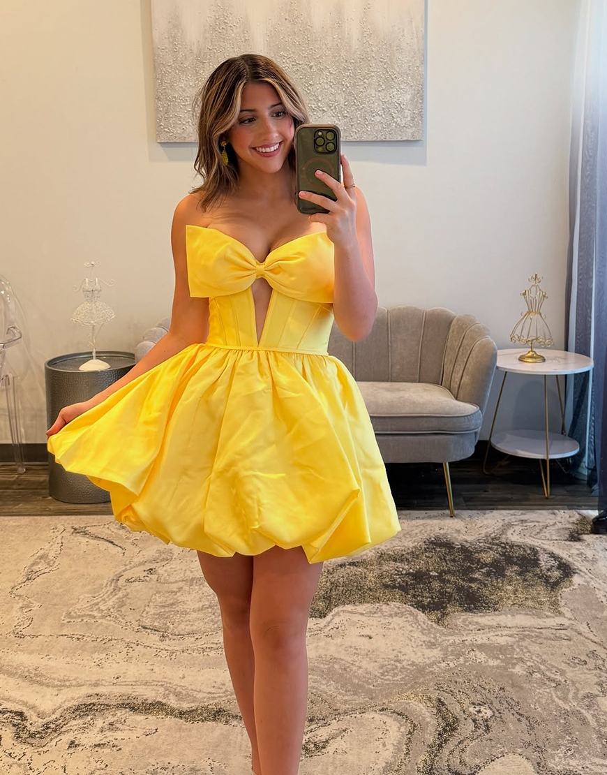 Light Blue Satin Strapless Short Corset Homecoming Dress with Bow