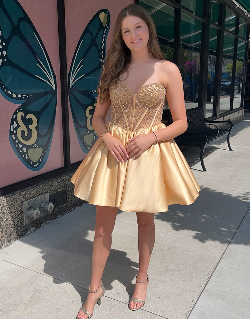 Sparkly Gold Satin Short Corset Homecoming Dress with Beading