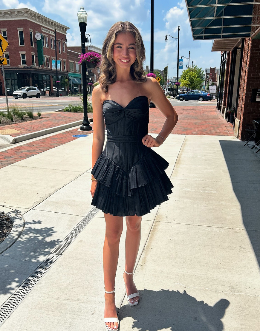 Black A Line Short Corset Homecoming Dress with Ruffles