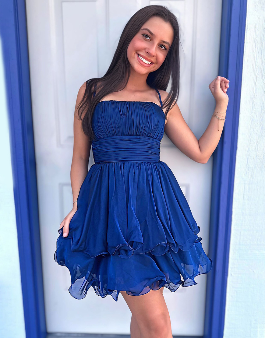 Navy A Line Spaghetti Straps Short Ruffled Homecoming Dress