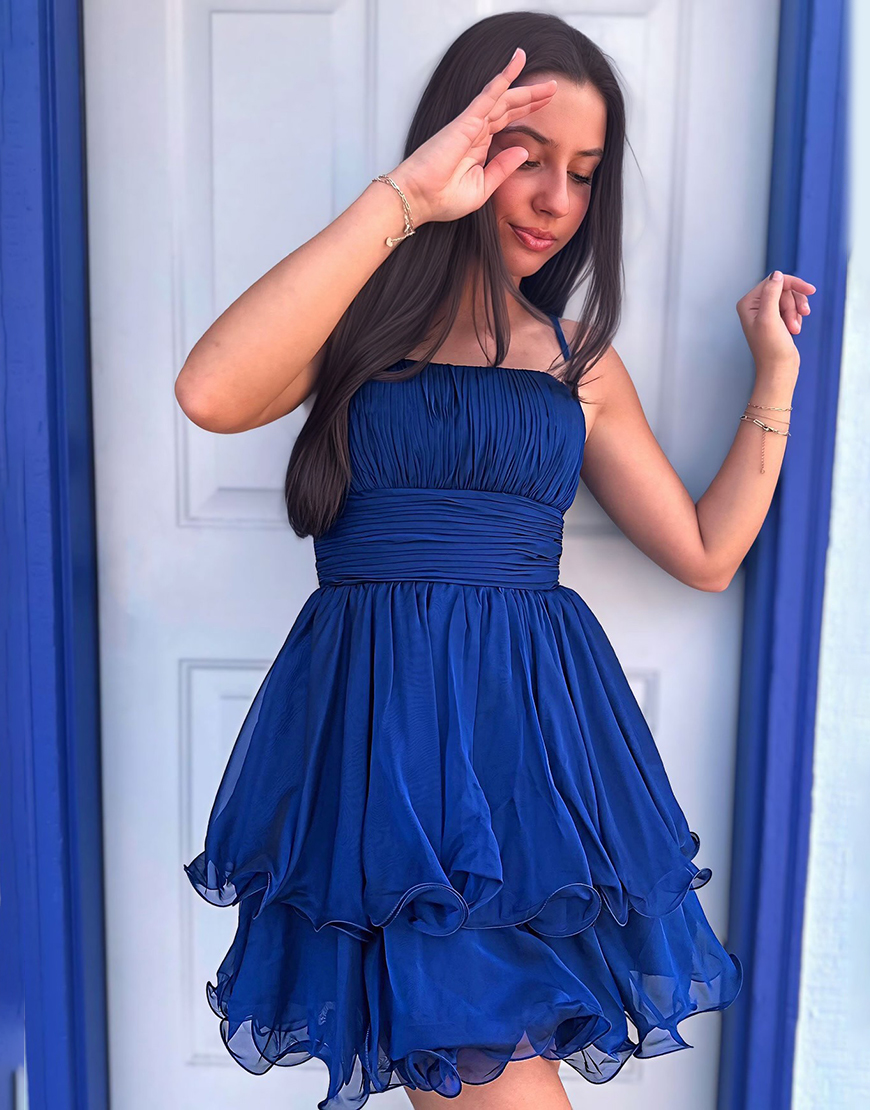 Navy A Line Spaghetti Straps Short Ruffled Homecoming Dress