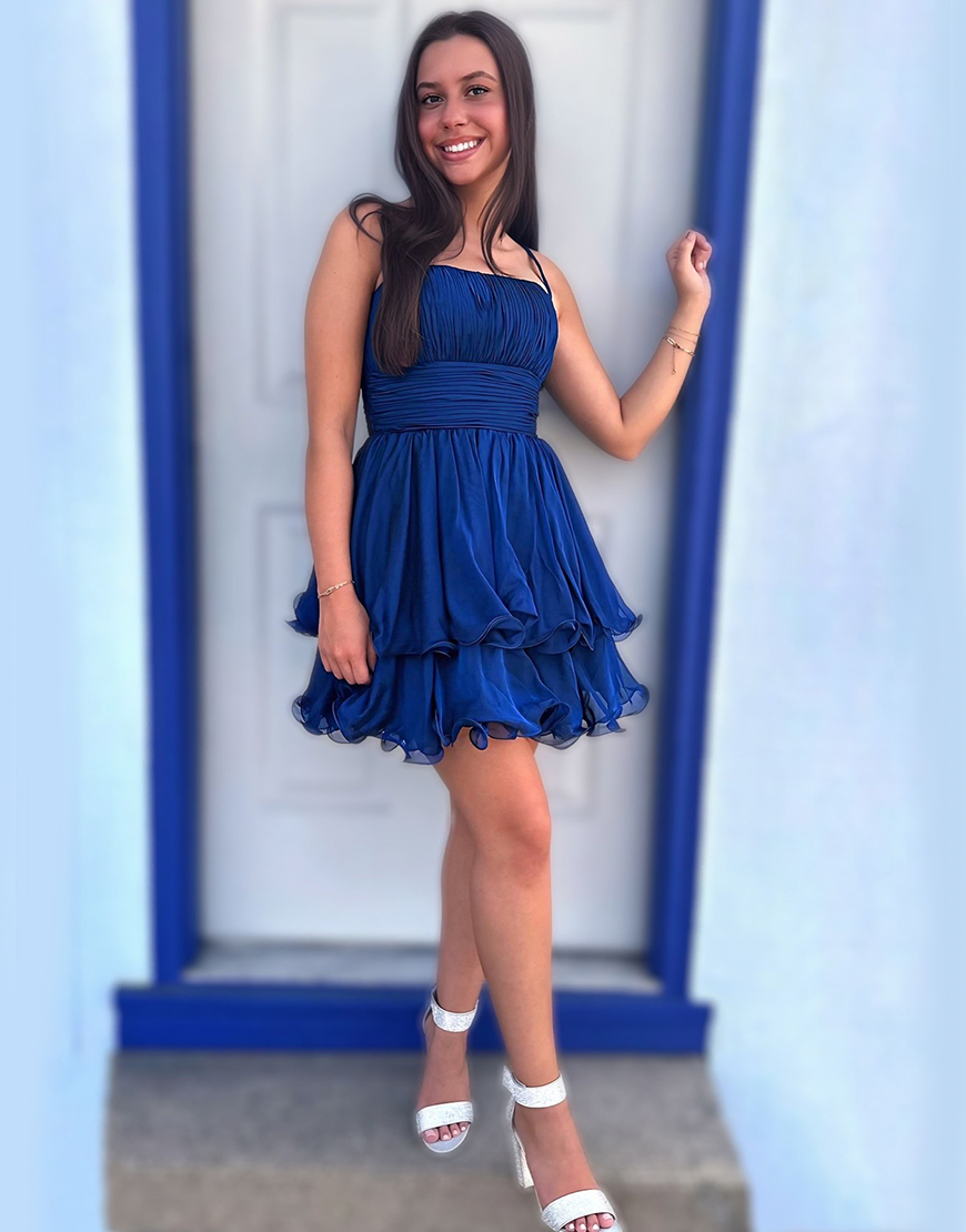 Navy A Line Spaghetti Straps Short Ruffled Homecoming Dress