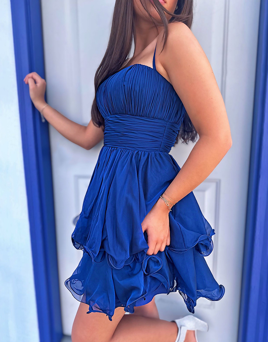 Navy A Line Spaghetti Straps Short Ruffled Homecoming Dress