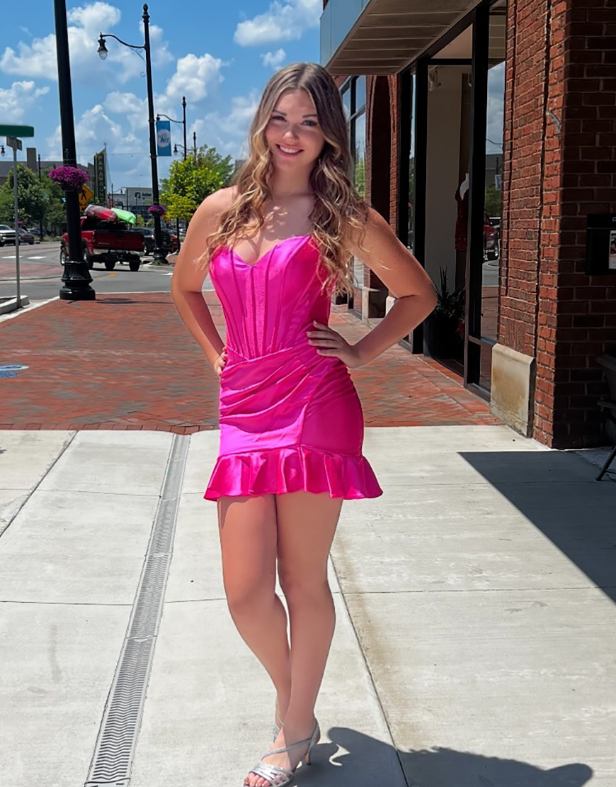 Fuchsia Tight Satin Short Corset Homecoming Dress with Ruffles
