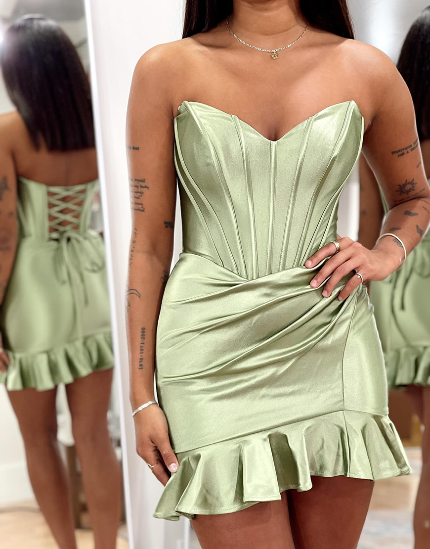 Fuchsia Tight Satin Short Corset Homecoming Dress with Ruffles