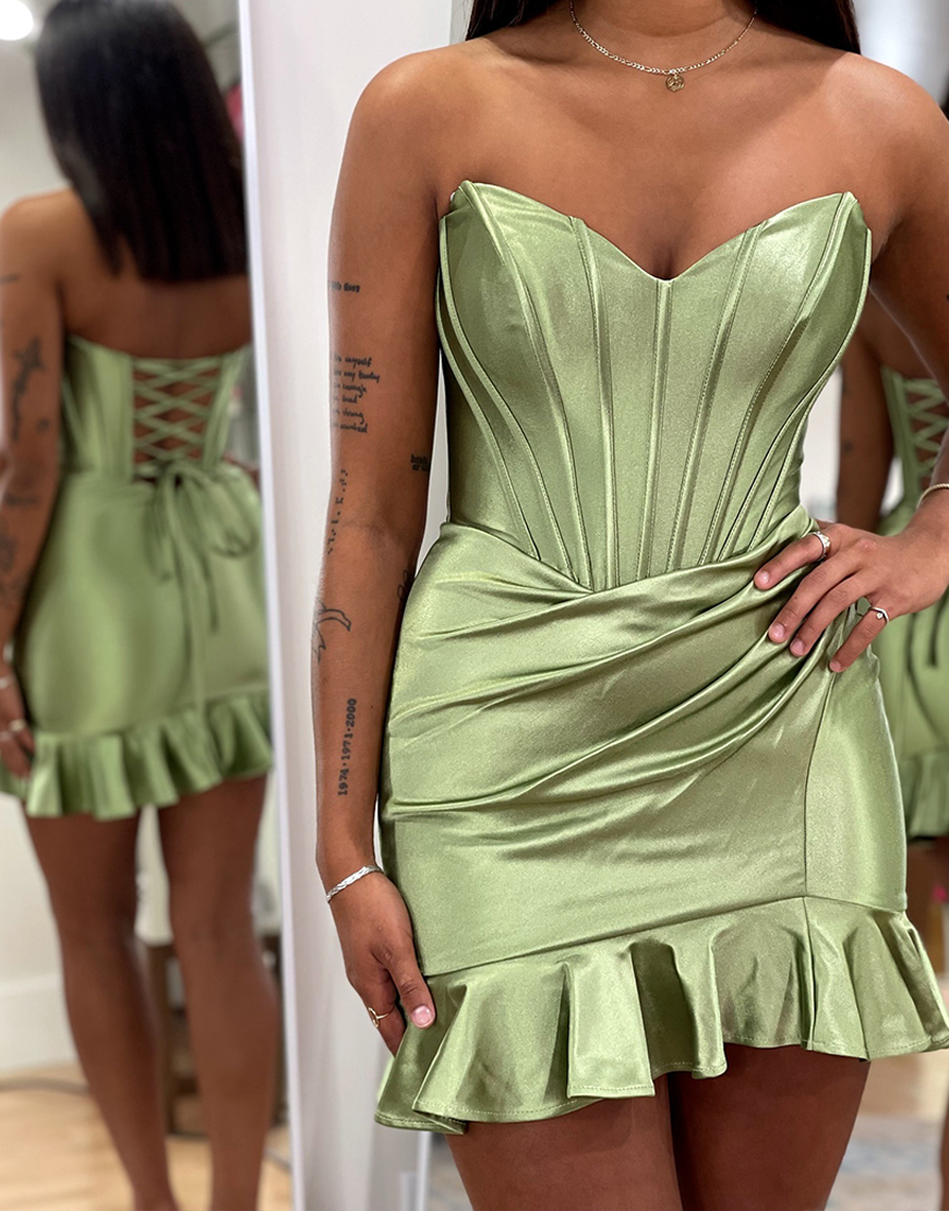 Fuchsia Tight Satin Short Corset Homecoming Dress with Ruffles