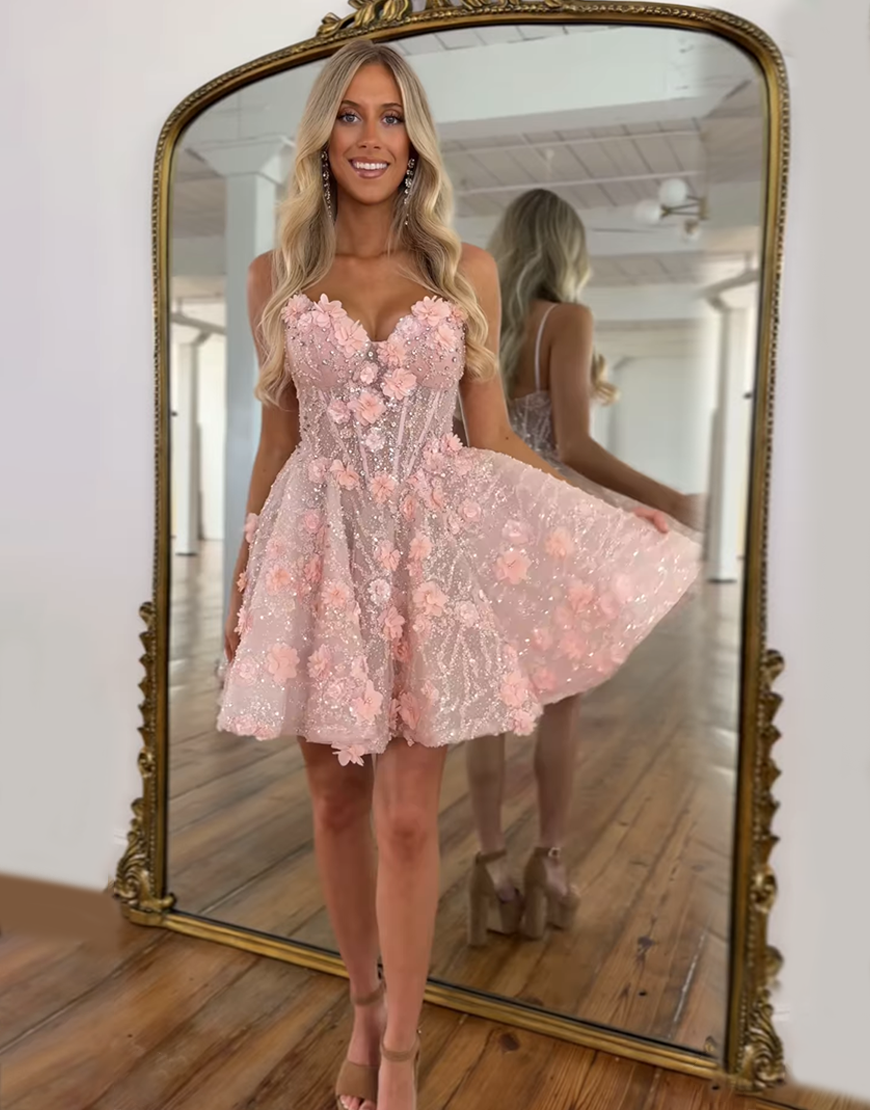 Sparkly Pink A Line Floral Short Corset Homecoming Dress with Rhinestones