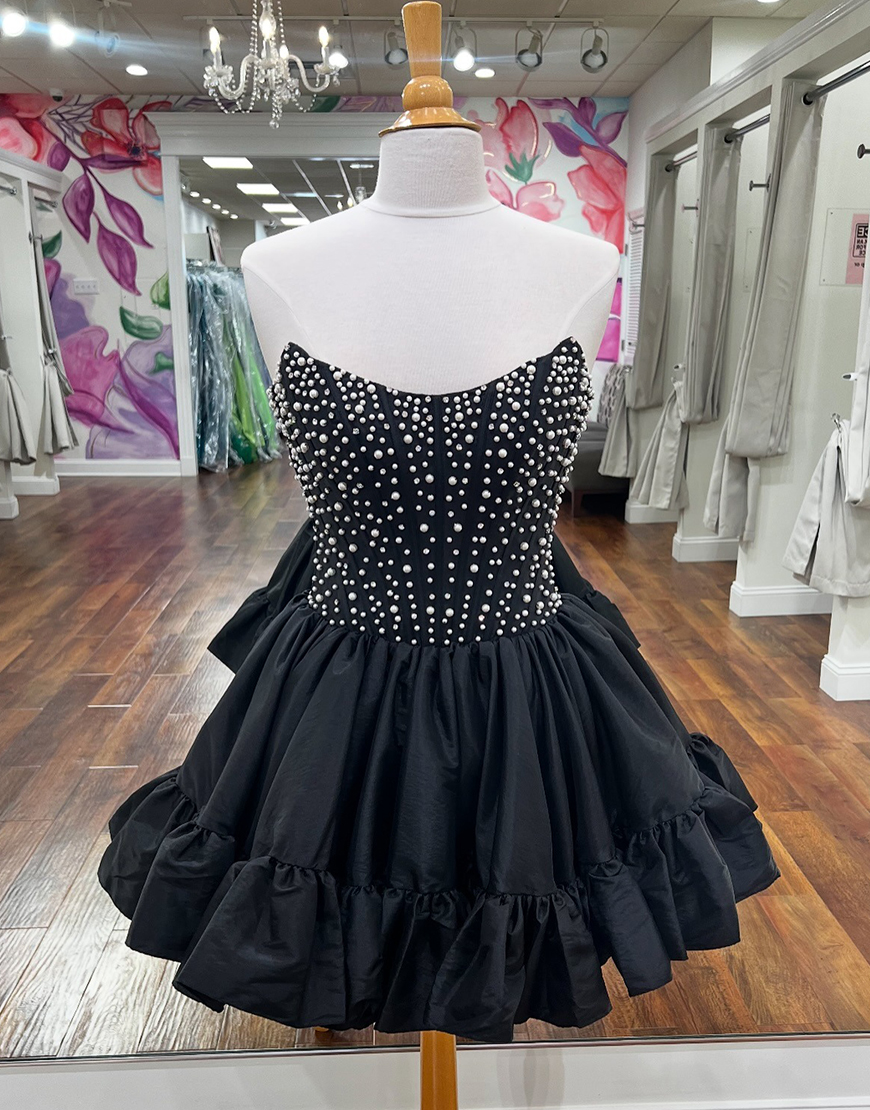 Pink Satin Ruffled Strapless Short Corset Homecoming Dress with Pearls