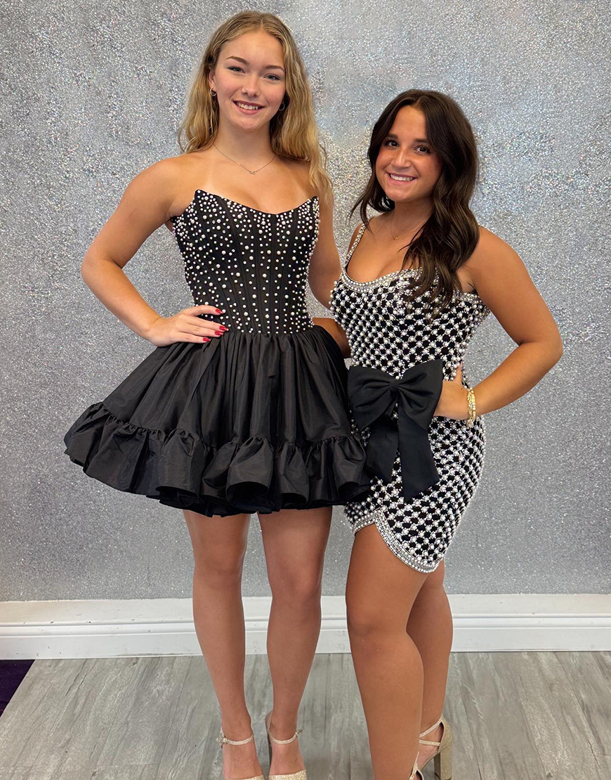 Pink Satin Ruffled Strapless Short Corset Homecoming Dress with Pearls