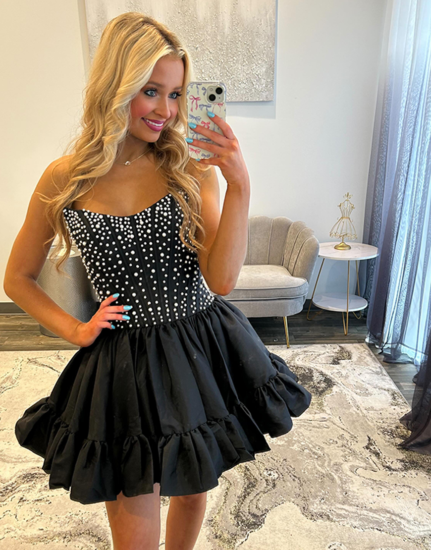 Pink Satin Ruffled Strapless Short Corset Homecoming Dress with Pearls