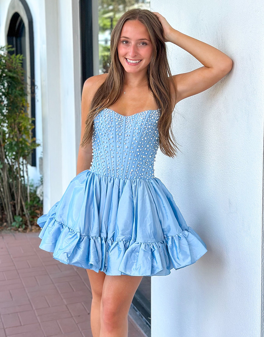 Pink Satin Ruffled Strapless Short Corset Homecoming Dress with Pearls