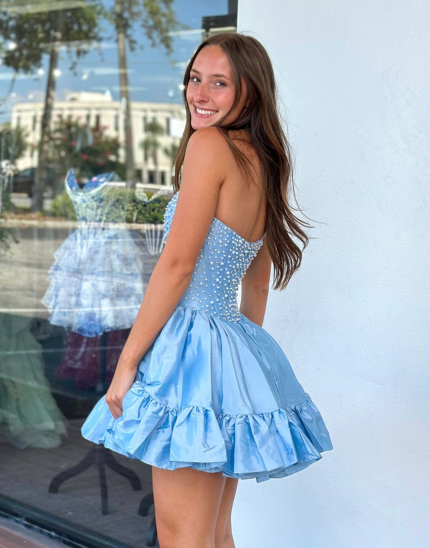 Pink Satin Ruffled Strapless Short Corset Homecoming Dress with Pearls