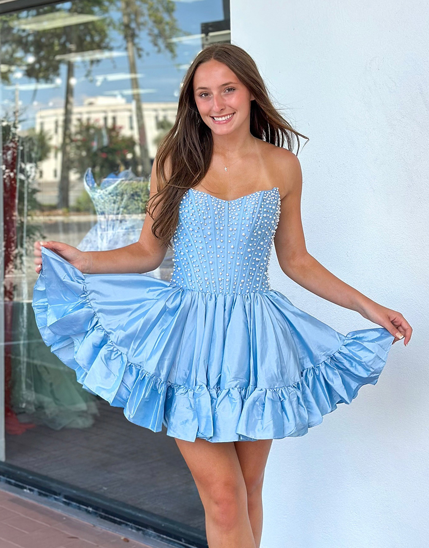 Pink Satin Ruffled Strapless Short Corset Homecoming Dress with Pearls