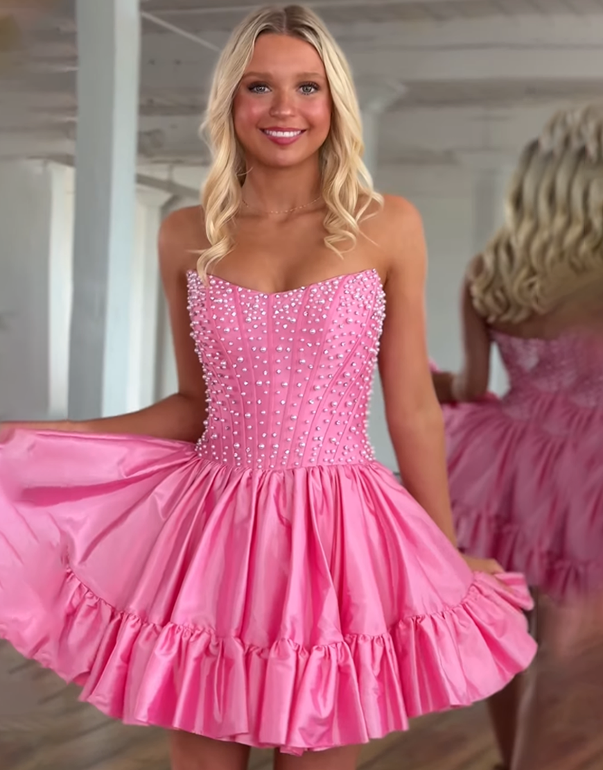 Pink Satin Ruffled Strapless Short Corset Homecoming Dress with Pearls