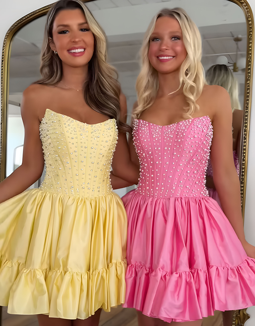 Pink Satin Ruffled Strapless Short Corset Homecoming Dress with Pearls