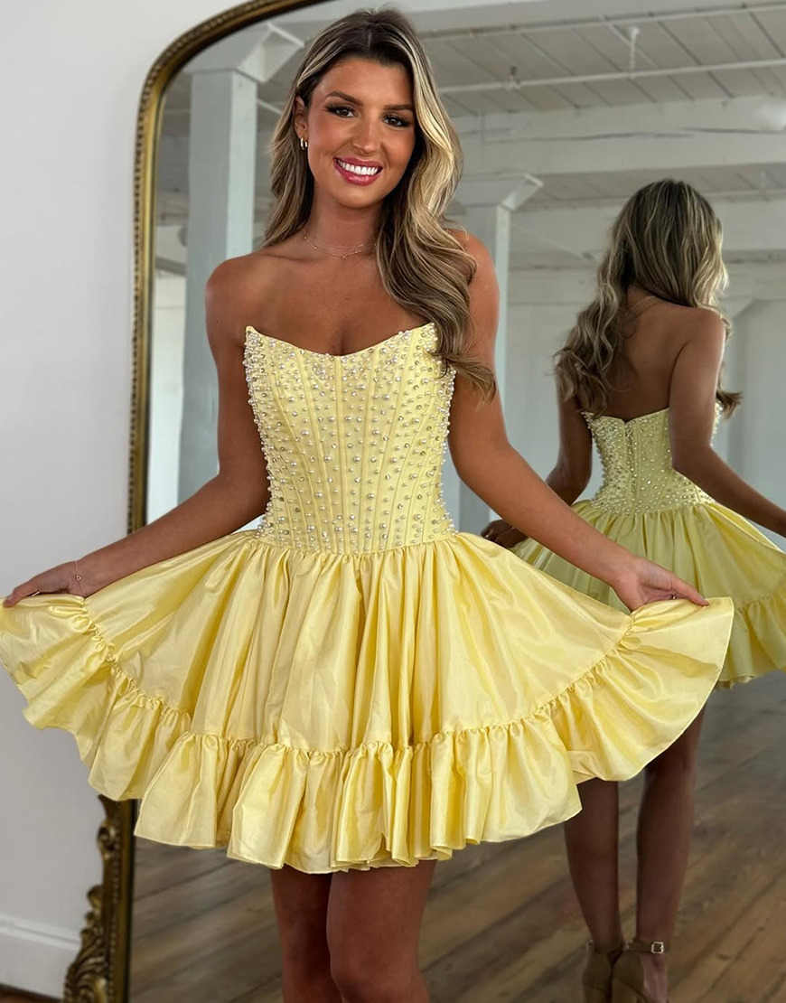 Pink Satin Ruffled Strapless Short Corset Homecoming Dress with Pearls