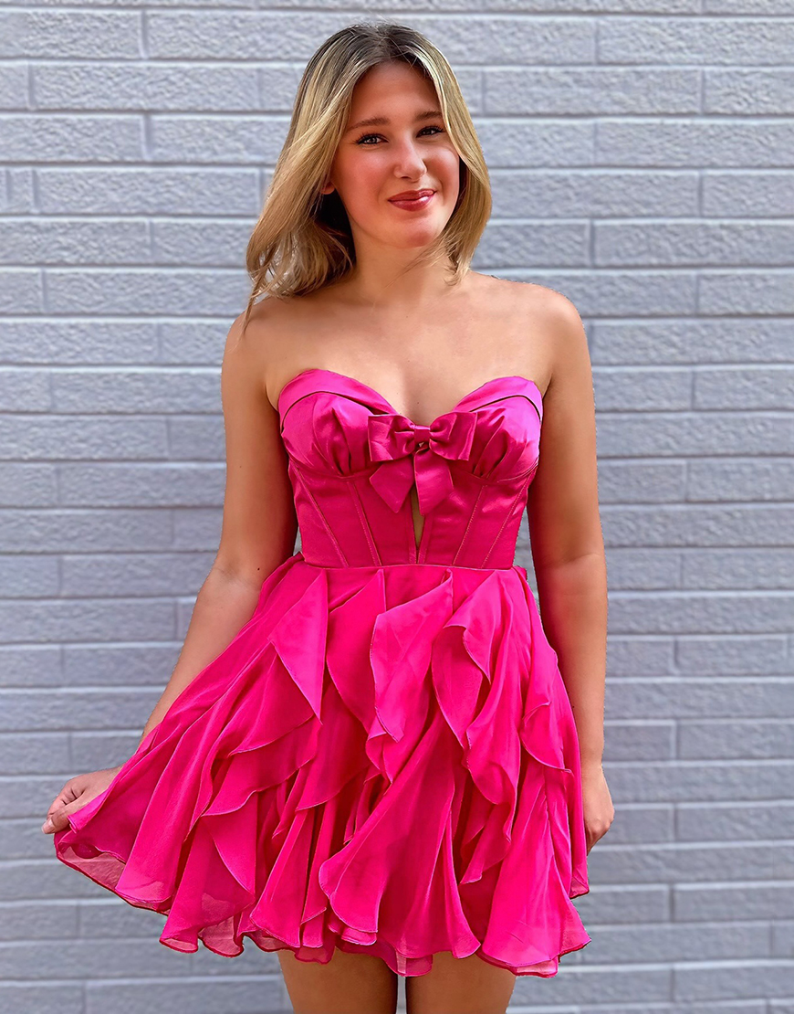 Fuchsia Ruffled A Line Short Corset Homecoming Dress with Bow