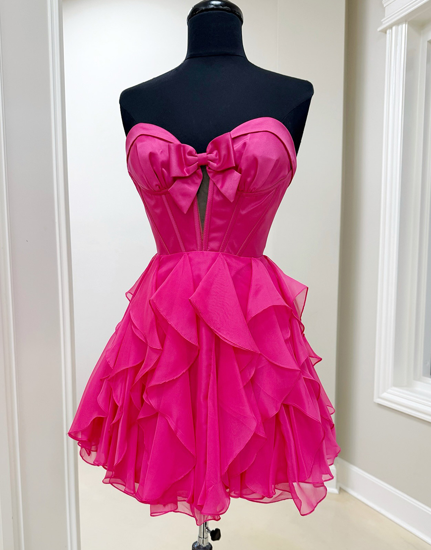 Fuchsia Ruffled A Line Short Corset Homecoming Dress with Bow