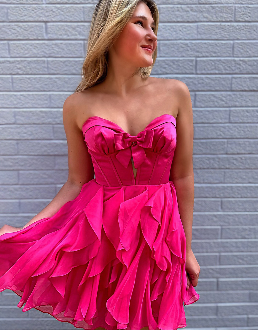 Fuchsia Ruffled A Line Short Corset Homecoming Dress with Bow