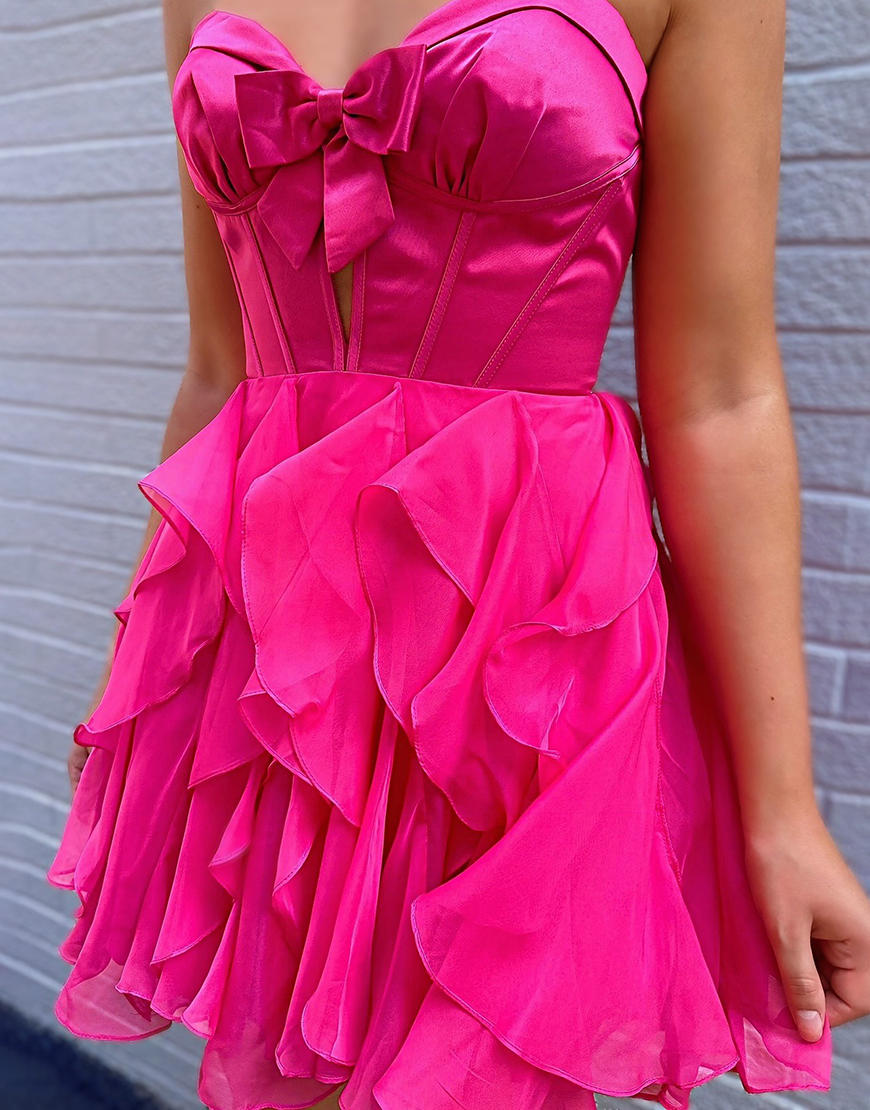 Fuchsia Ruffled A Line Short Corset Homecoming Dress with Bow