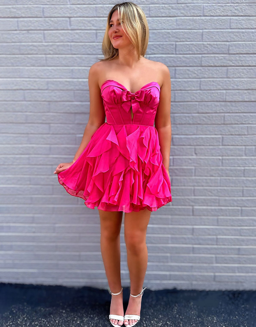 Fuchsia Ruffled A Line Short Corset Homecoming Dress with Bow
