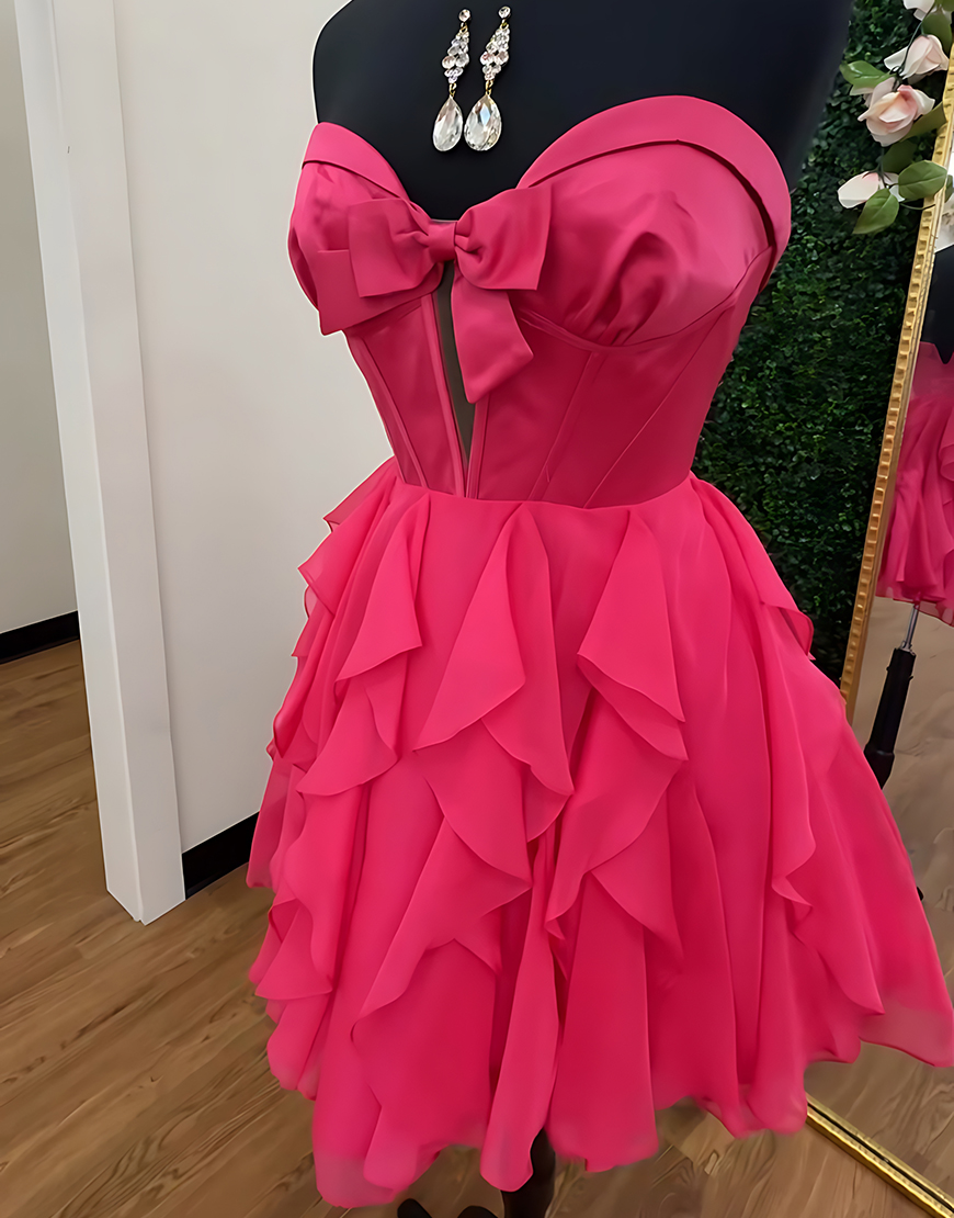 Fuchsia Ruffled A Line Short Corset Homecoming Dress with Bow