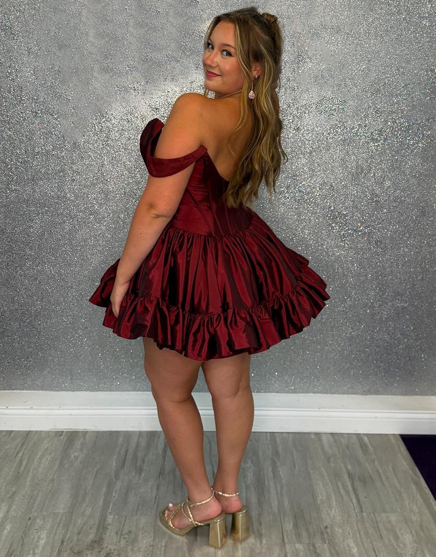 Emerald Green Satin Off the Shoulder Short Corset Homecoming Dress with Ruffles