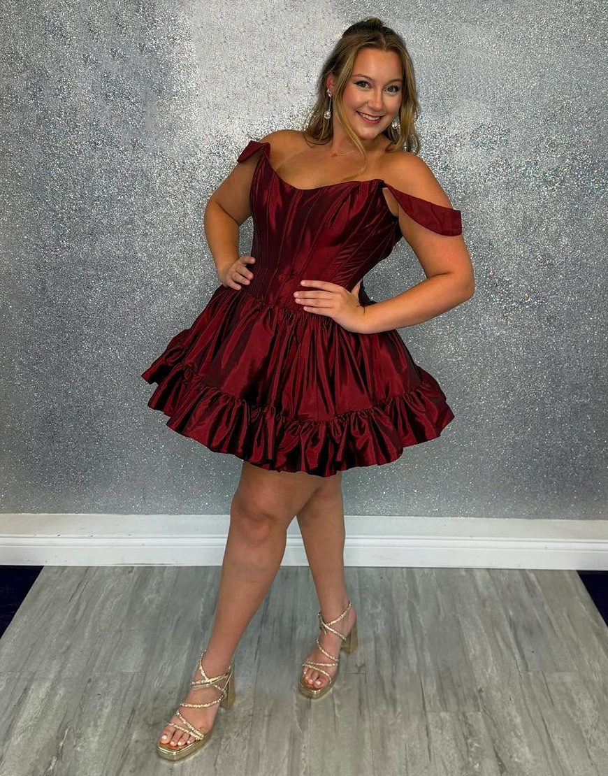 Emerald Green Satin Off the Shoulder Short Corset Homecoming Dress with Ruffles