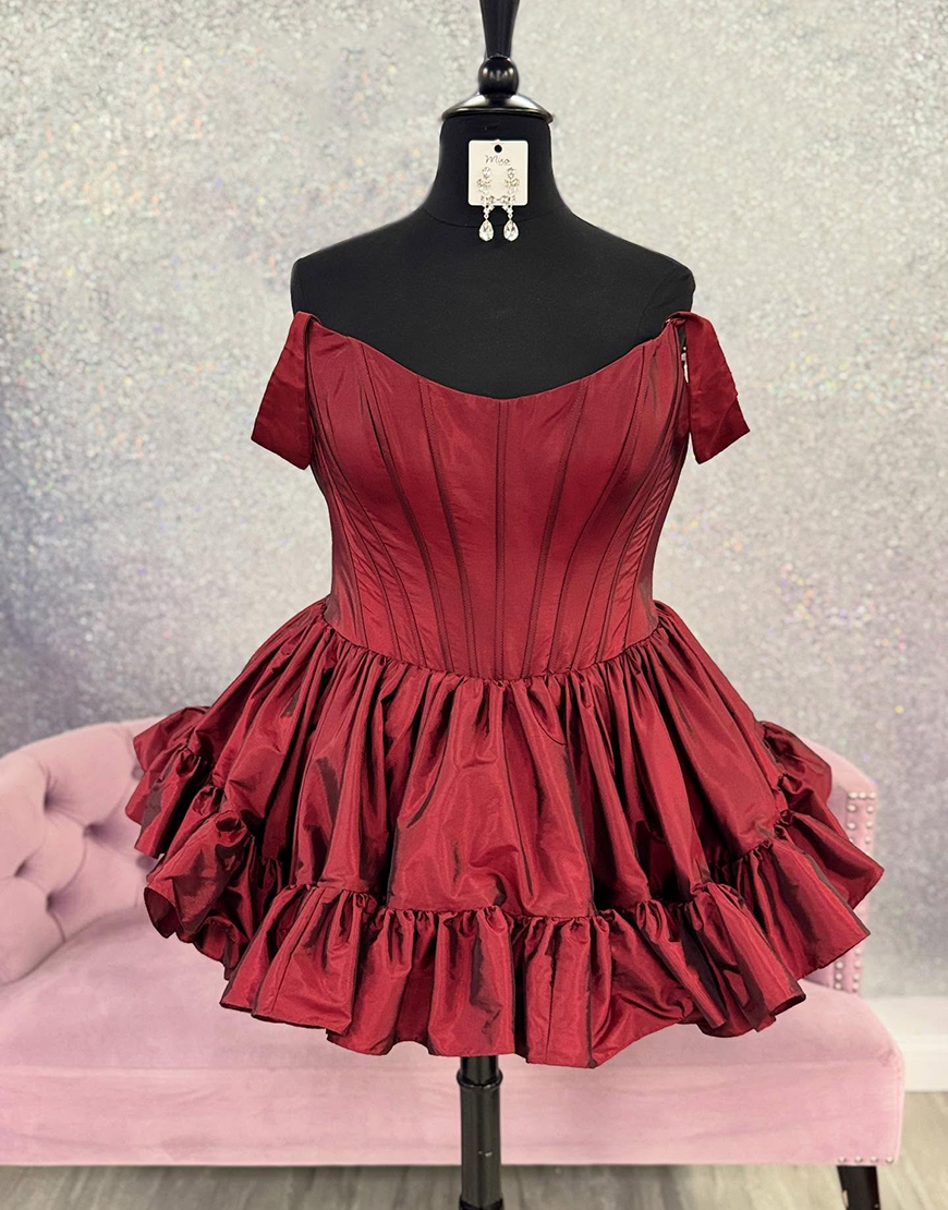 Emerald Green Satin Off the Shoulder Short Corset Homecoming Dress with Ruffles