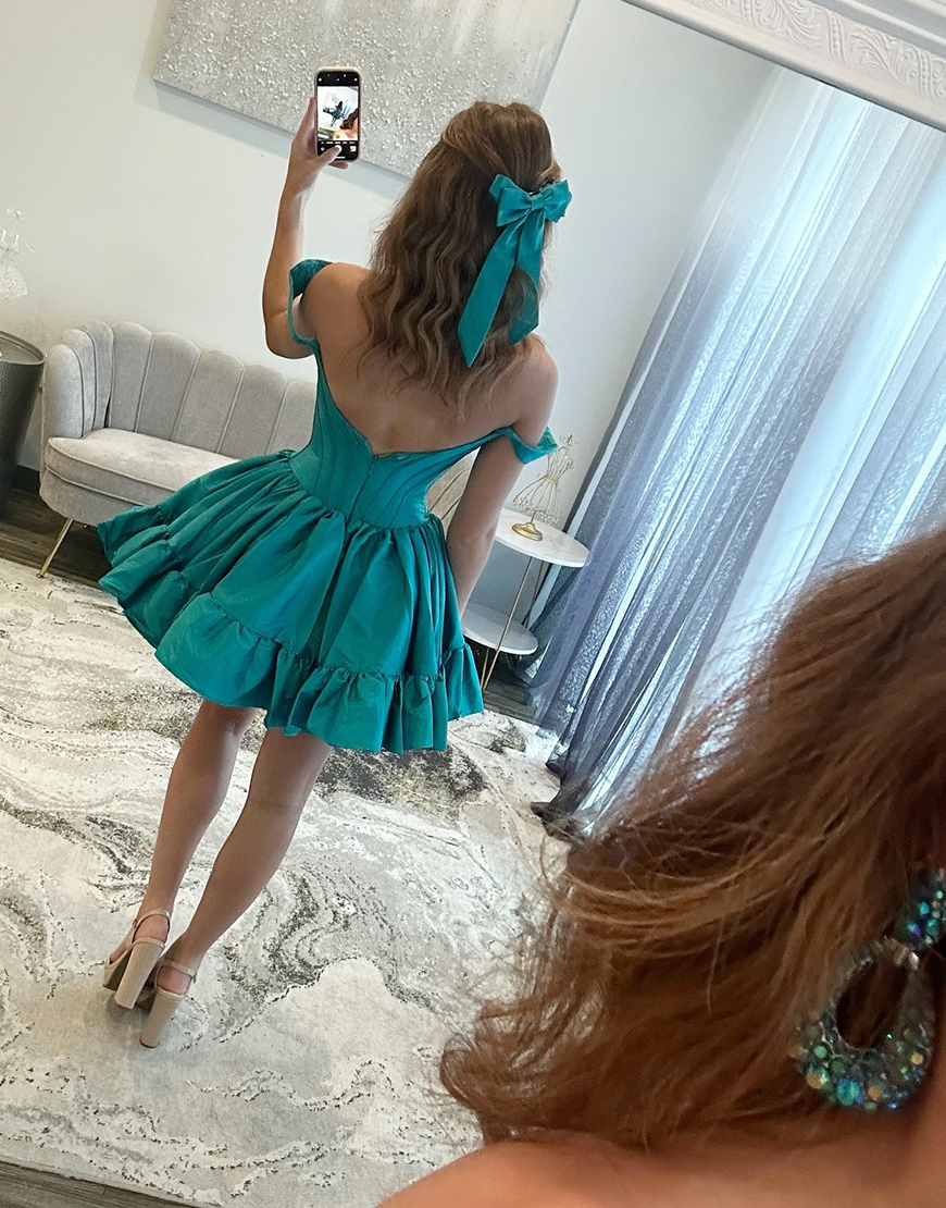 Emerald Green Satin Off the Shoulder Short Corset Homecoming Dress with Ruffles
