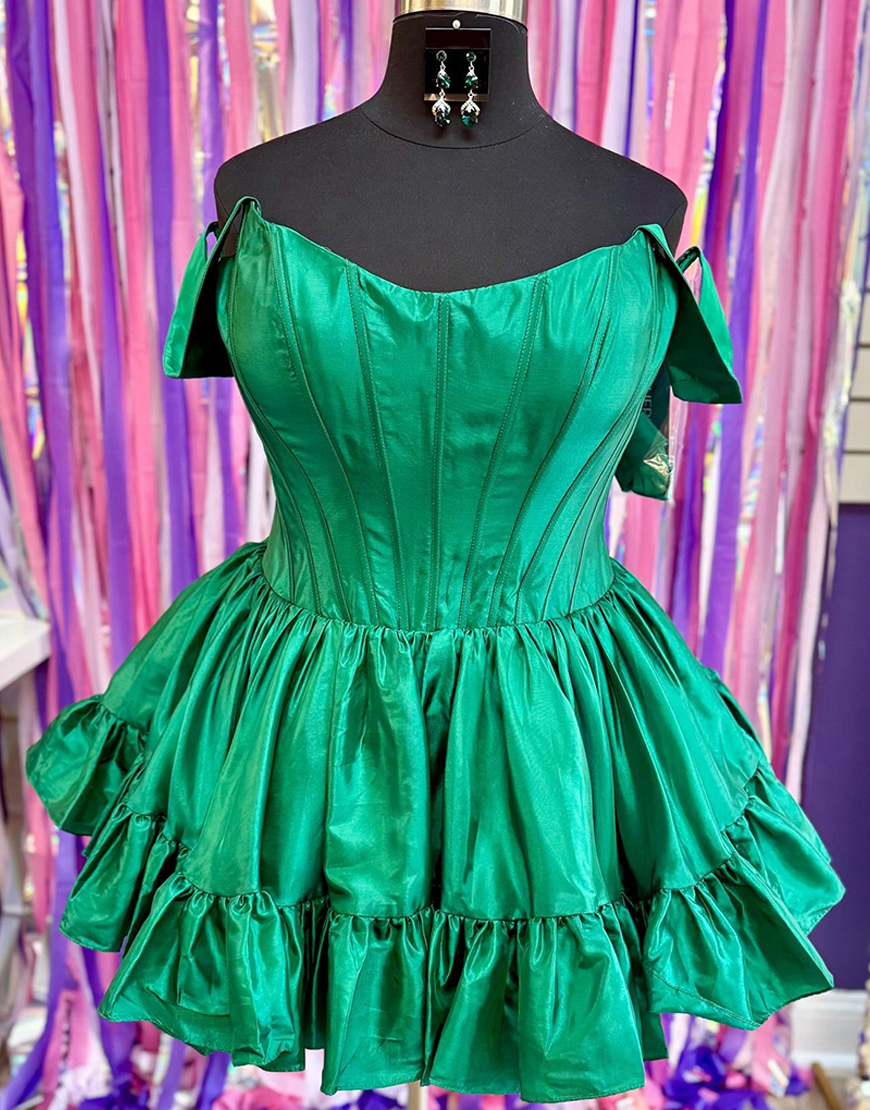 Emerald Green Satin Off the Shoulder Short Corset Homecoming Dress with Ruffles