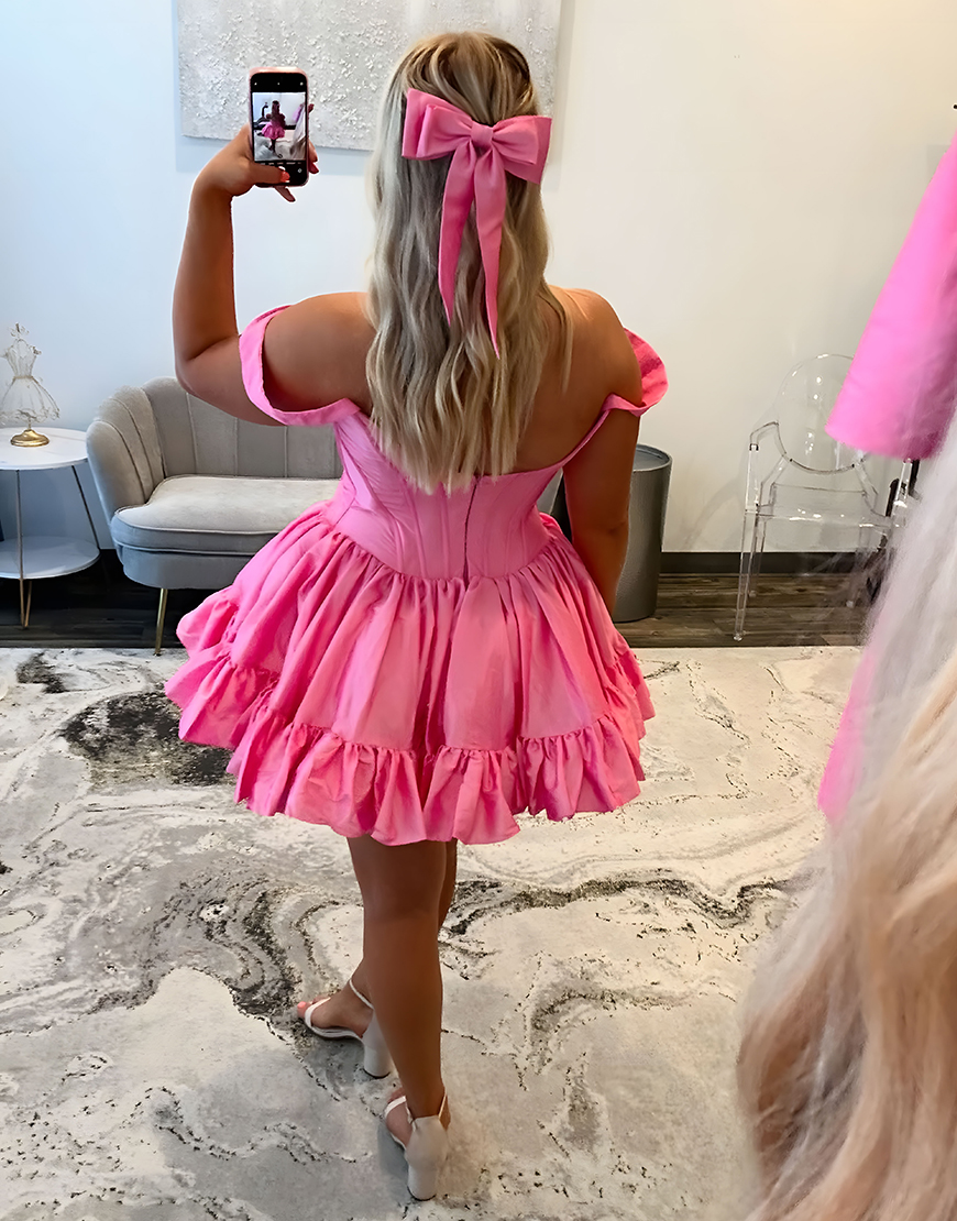 Emerald Green Satin Off the Shoulder Short Corset Homecoming Dress with Ruffles