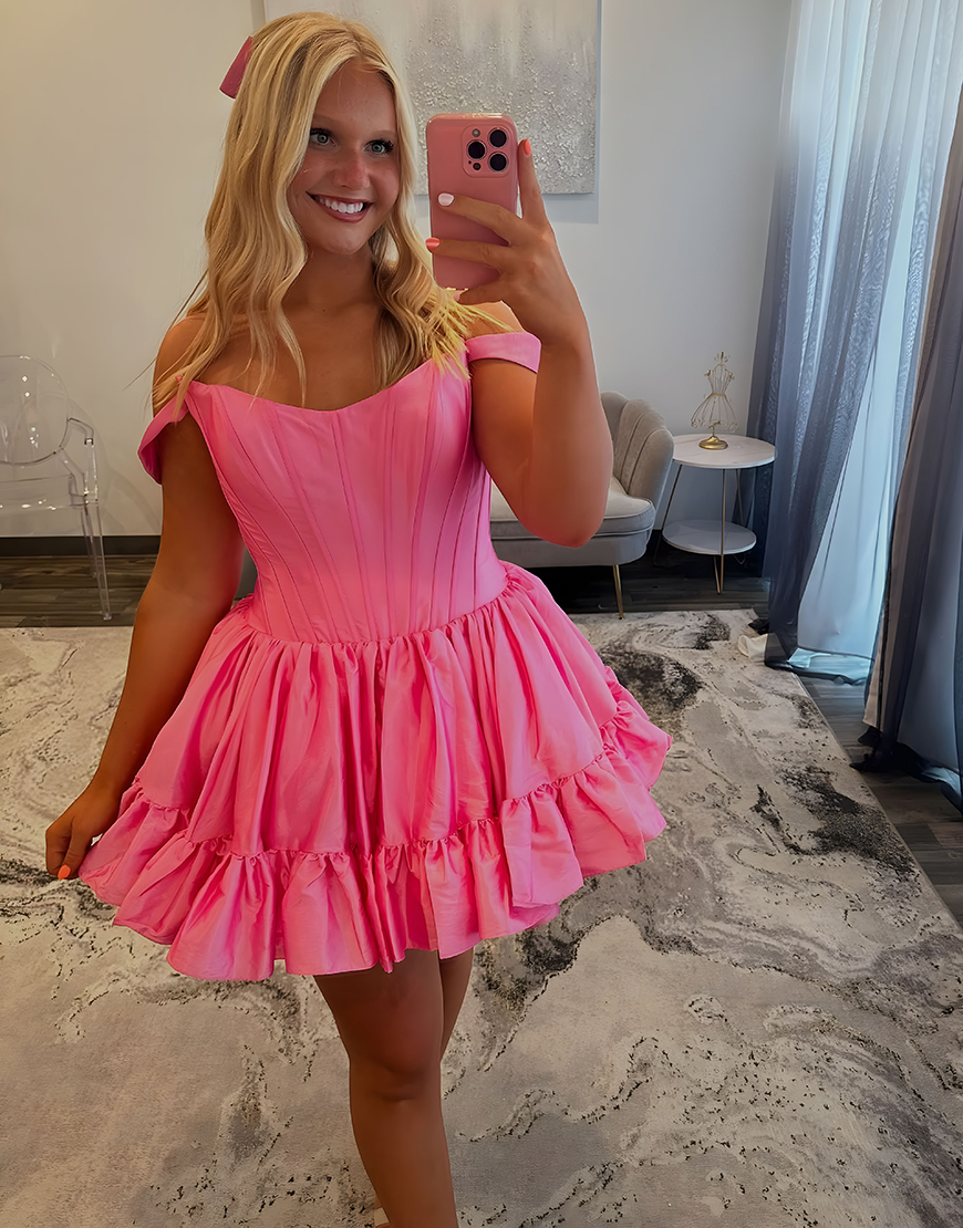 Emerald Green Satin Off the Shoulder Short Corset Homecoming Dress with Ruffles