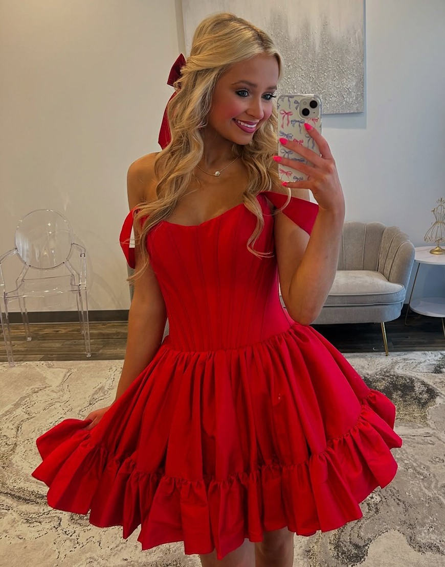 Emerald Green Satin Off the Shoulder Short Corset Homecoming Dress with Ruffles