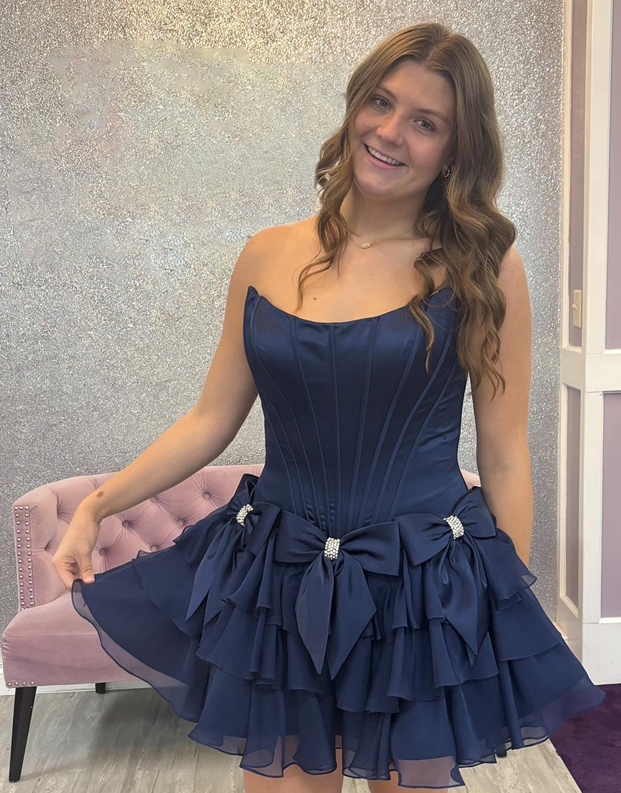 Sparkly Blue Beaded A Line Short Corset Homecoming Dress with Bows