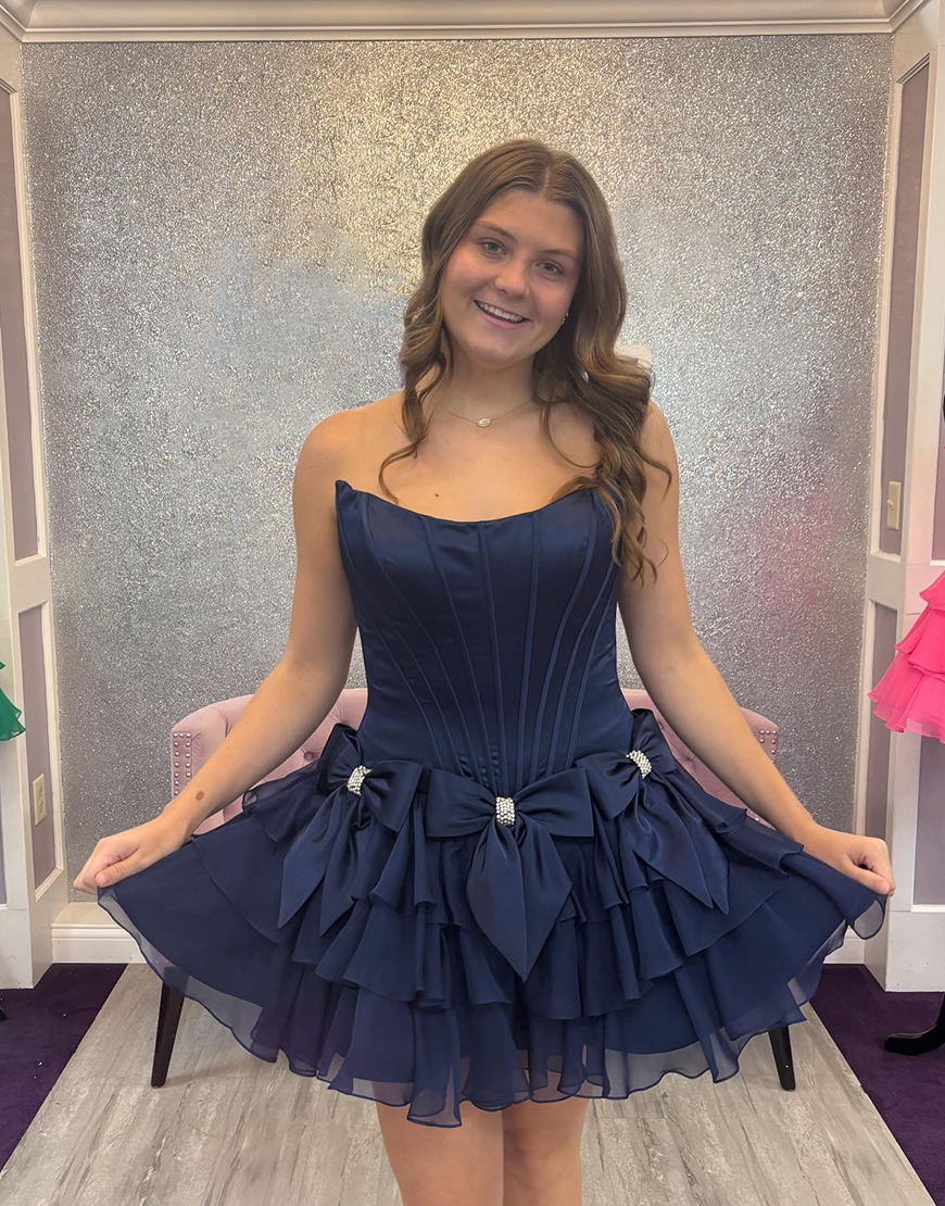 Sparkly Blue Beaded A Line Short Corset Homecoming Dress with Bows