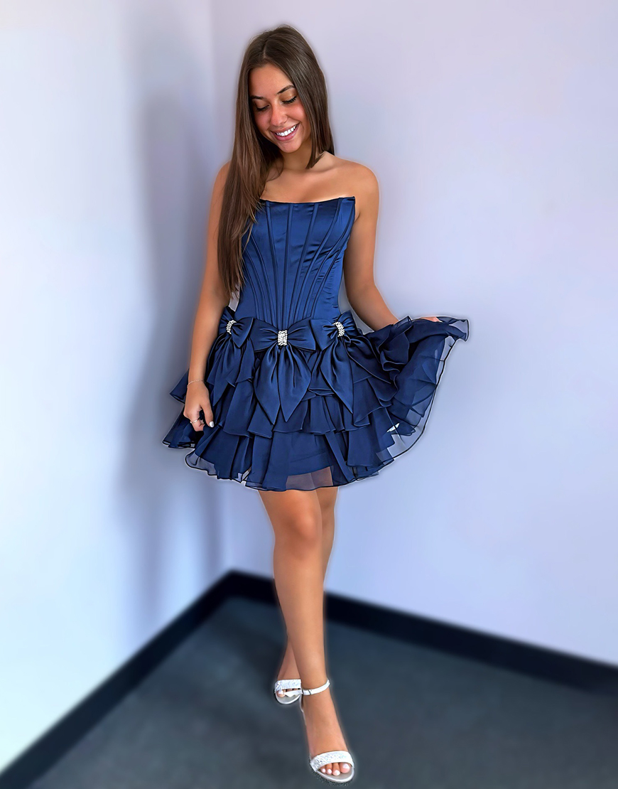 Sparkly Navy Beaded A Line Short Corset Homecoming Dress with Bows
