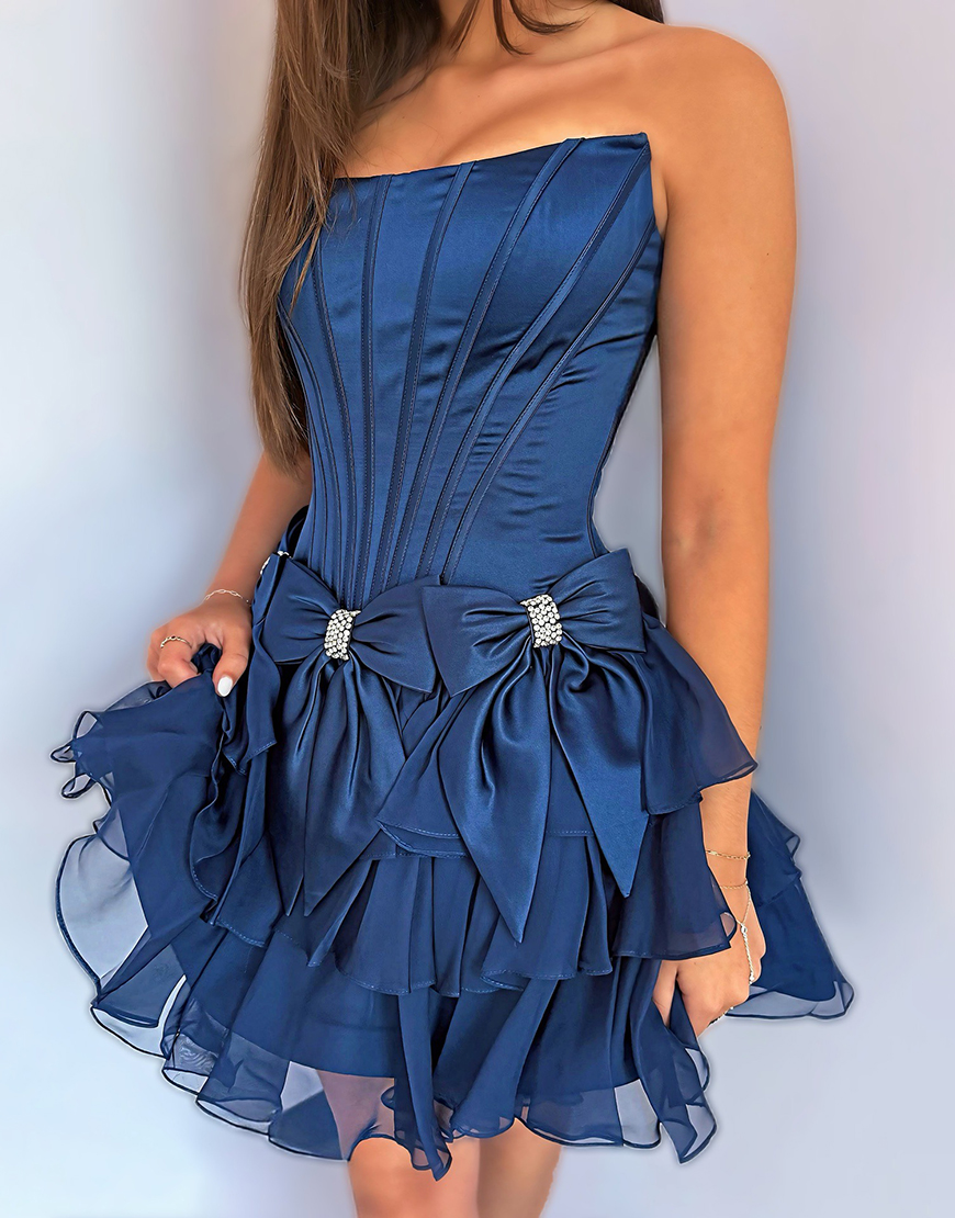Sparkly Navy Beaded A Line Short Corset Homecoming Dress with Bows