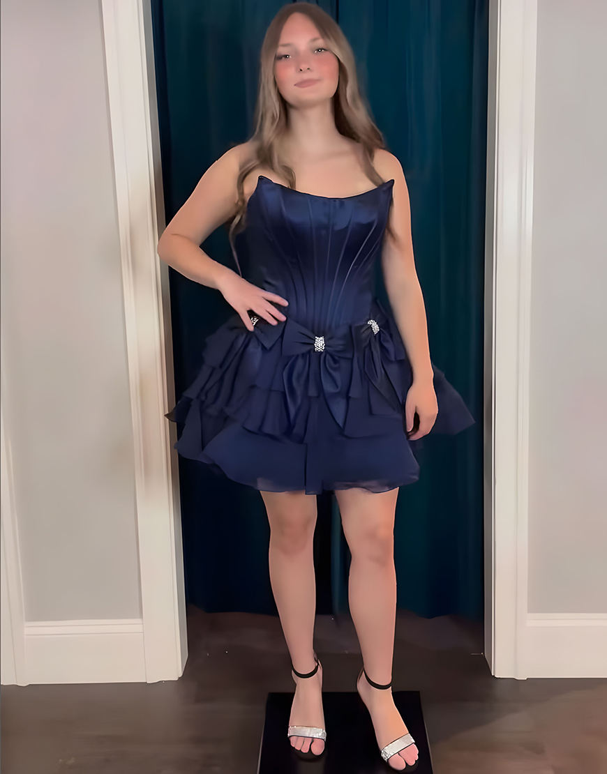 Sparkly Blue Beaded A Line Short Corset Homecoming Dress with Bows