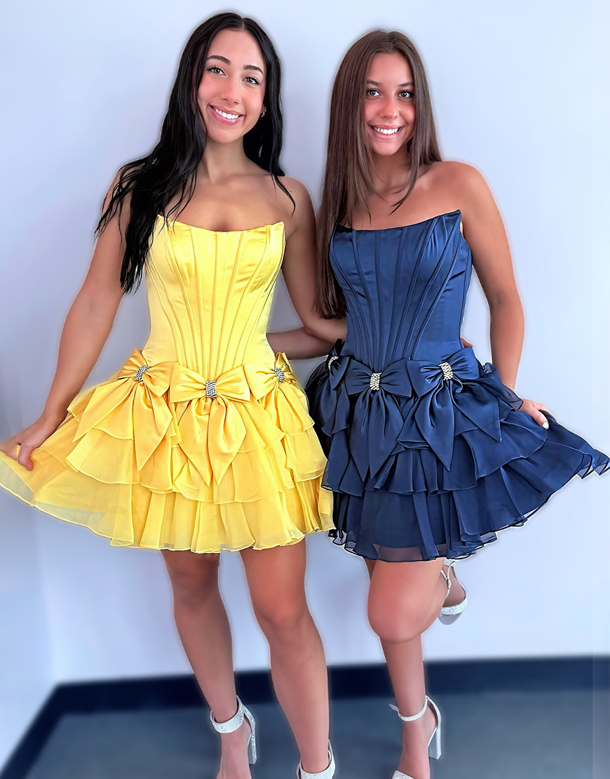 Sparkly Blue Beaded A Line Short Corset Homecoming Dress with Bows