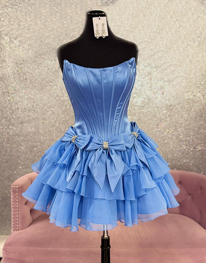 Sparkly Blue Beaded A Line Short Corset Homecoming Dress with Bows