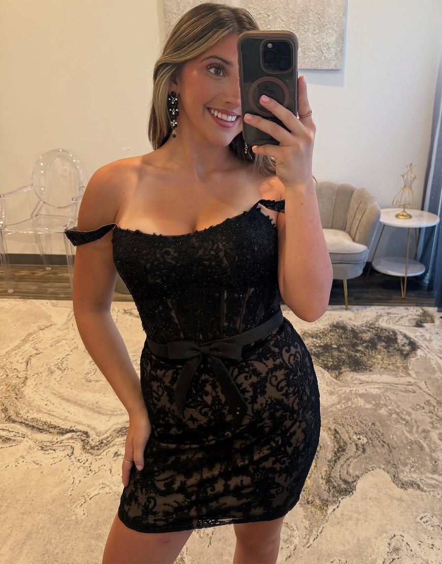 Black Off the Shoulder Lace Short Corset Homecoming Dress with Bow