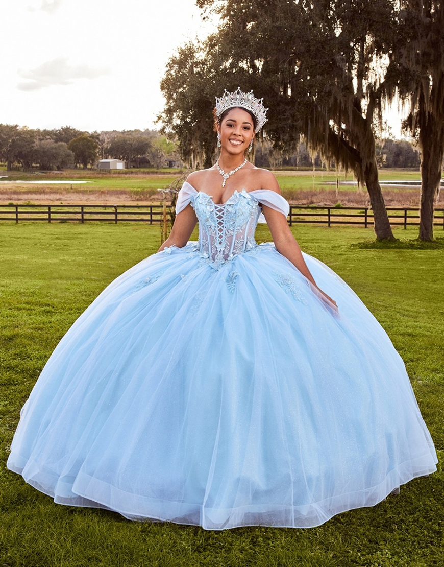 Light Blue Corset Tulle Princess Ball Gown Long Quinceanera Dress with Appliques