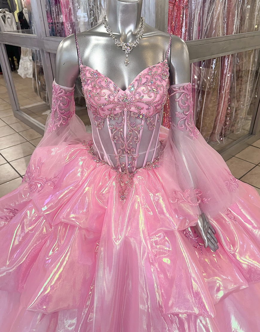 Sparkly Pink Corset Beaded Ball Gown Long Princess Quinceanera Dress with Sleeves